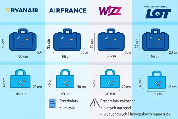 Wymiary bagażu rejestrowanego 10 kg dla Ryanair, Air France, Wizz Air i LOT. Sprawdź, co możesz zabrać.