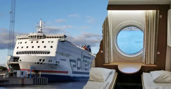 Widok na prom "Nova Star" przycumowany do portu, obok przytulna kabina z koją i okrągłym bulajem, idealna na podróż promem do Sztokholmu.