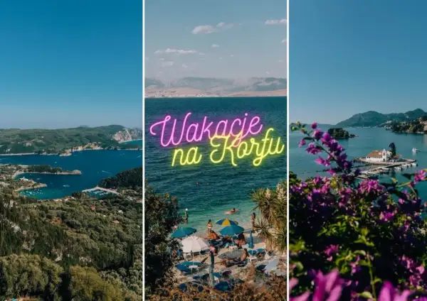 Widoki z Korfu: zatoka z łódkami, plaża z parasolami i urokliwa wysepka z kościółkiem. Idealne wakacje na Korfu!