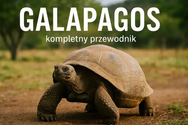 Wielka żółw przemierza suchą ziemię na wyspie Galapagos. Napis "GALAPAGOS" i "kompletny przewodnik" sugeruje, że to okładka książki.