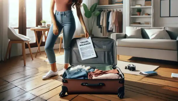 Kobieta pakuje walizkę, trzymając dokument "Travel Insurance". Sprawdza ubezpieczenia turystyczne ranking, by wybrać najlepszą opcję na podróż.
