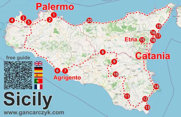 Mapa Sycylii z zaznaczonymi punktami wycieczki. Widoczne Palermo, Etna, Katania, Agrigento. Planujesz wycieczkę na Sycylię?