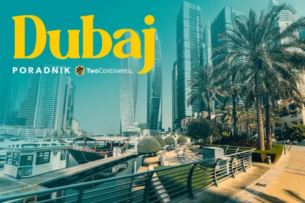 Dubaj: czy do Dubaju trzeba paszport? Widok na nowoczesne drapacze chmur, palmy i przystań z łodziami.